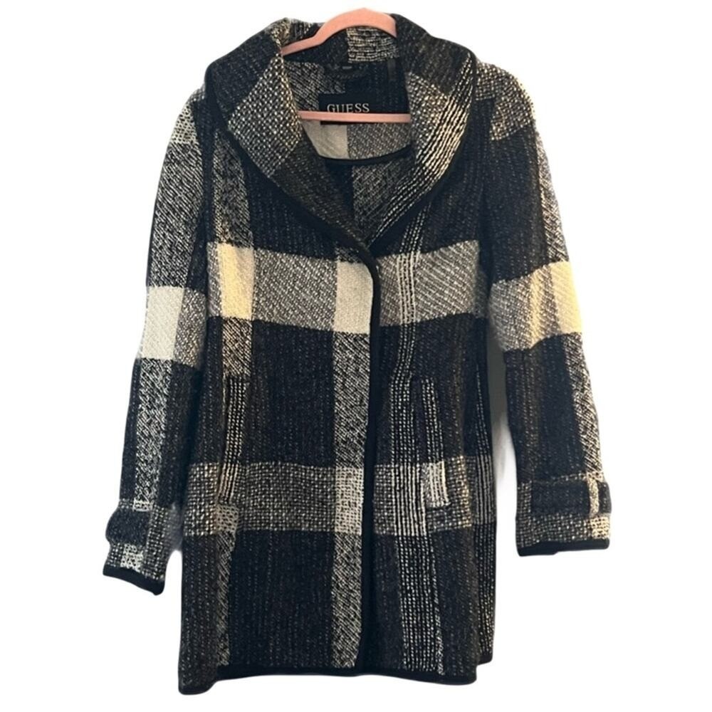 2000s GUESS Black White Buffalo Plaid Wool Blend Jacket Coat‎ Womens Size S
